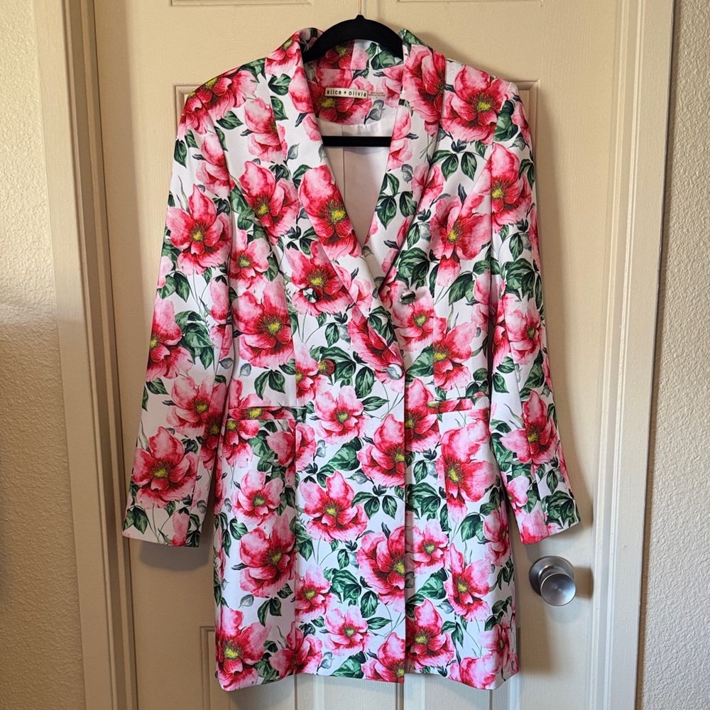 Alice + Olivia White Floral Longline Robe Jacket with Pink Blooms